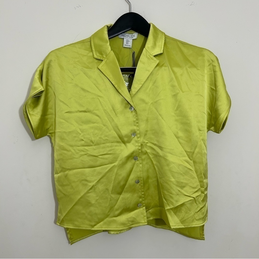 NWT Rachel Zoe Blouse Women Lime Green Cap Sleeve Button Front Satin Boxy Size S